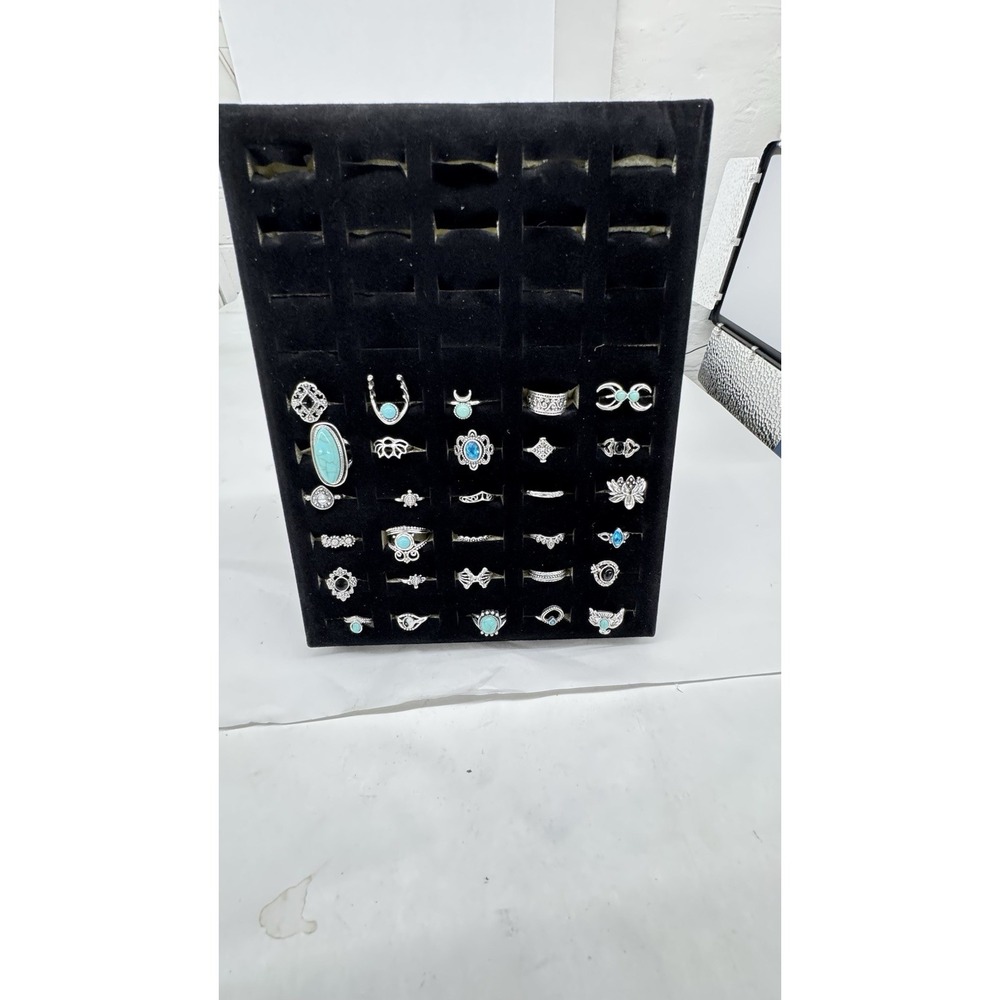 Wholesale Lot Of 30 Rings Costume Silver Turquoise Onyx Blue In Mixed Sizes - Picture 3 of 4